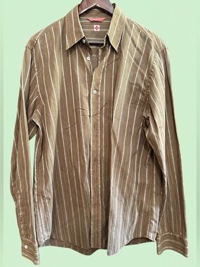 MENS Comfort Vintage Brown Striped Long Sleeve Button-Down Shirt - L